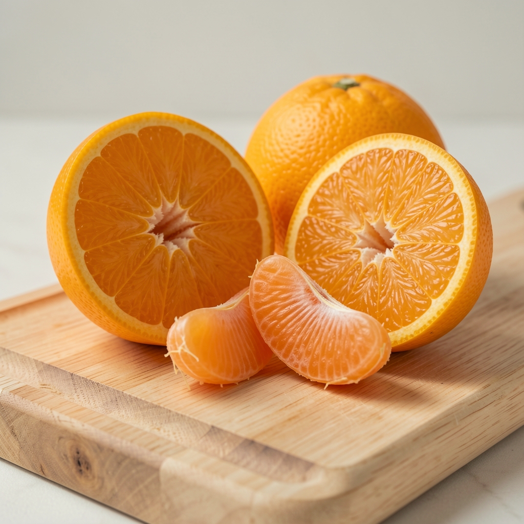 Orange, citron et pamplemousse coupés en deux avec leurs quartiers sur une planche en bois clair