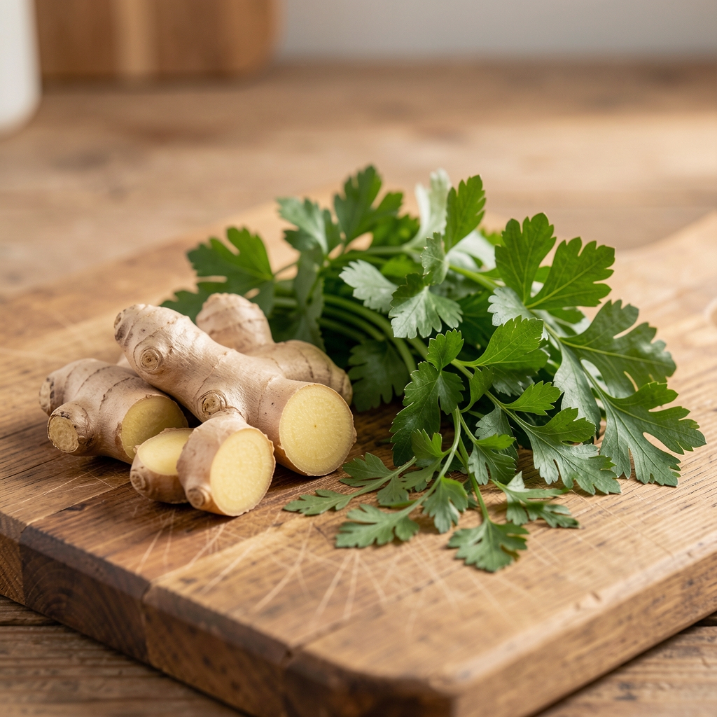 Ail, gingembre, persil et coriandre frais sur une planche de cuisine en bois