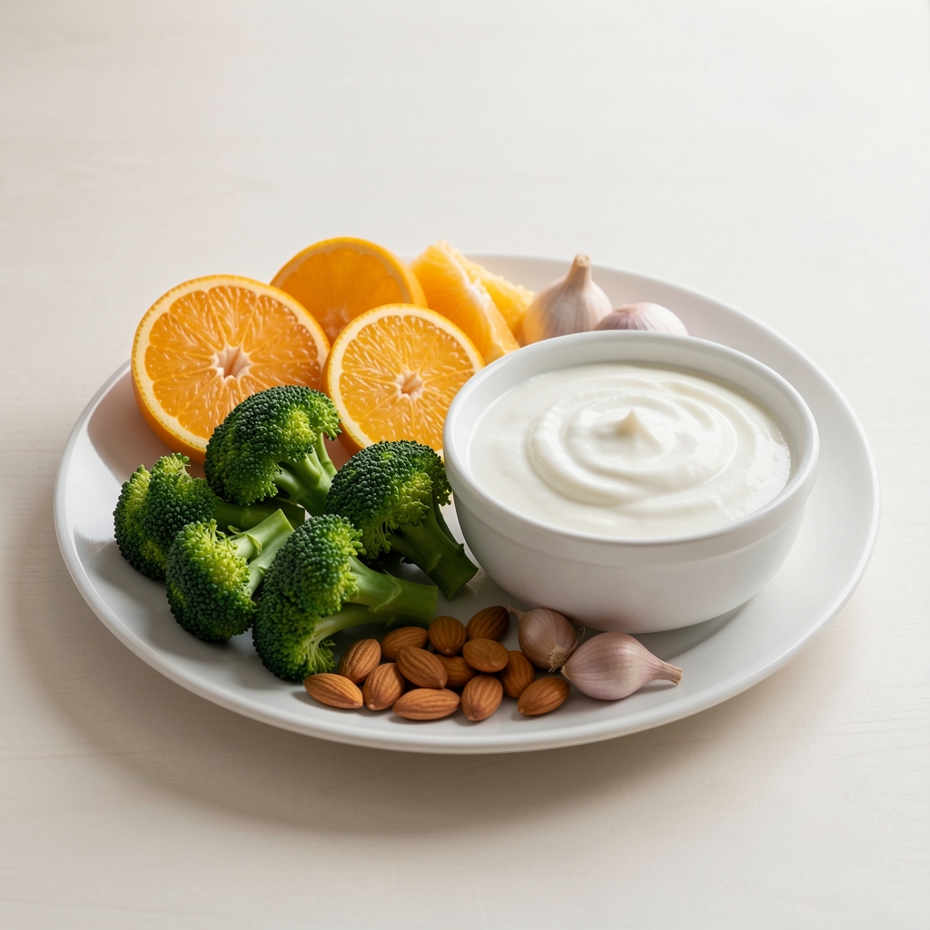 Assiette éditoriale réunissant agrumes, brocoli, yaourt nature, ail et amandes sur une table claire