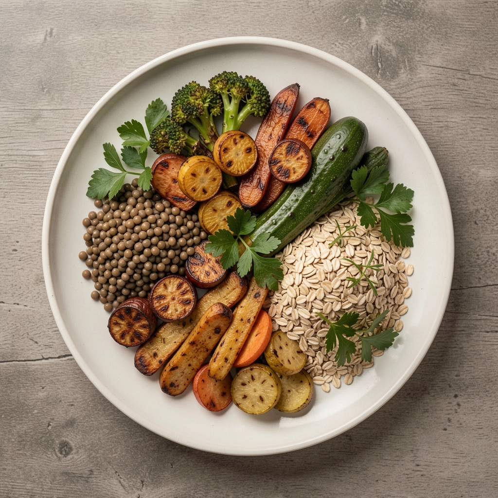 Assiette complète avec légumes rôtis, lentilles, céréales et herbes fraîches vue du dessus