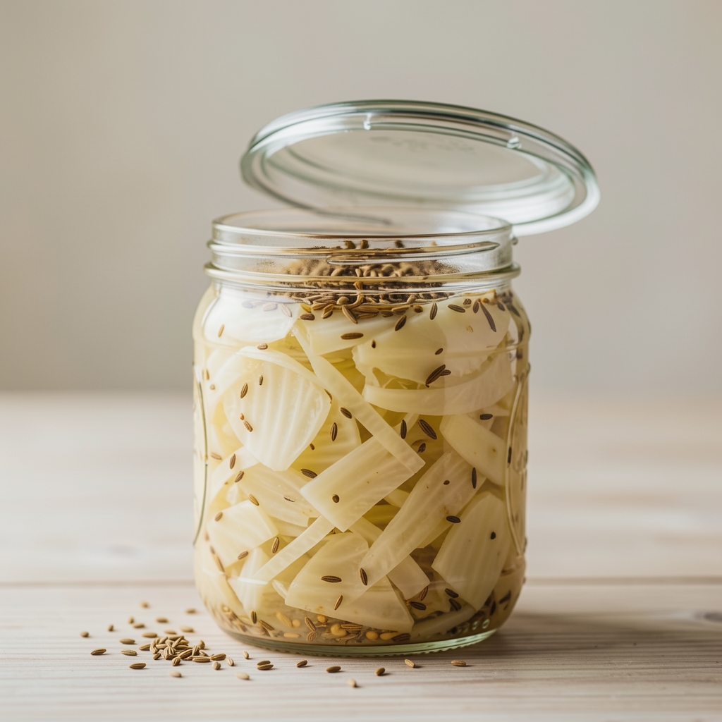 Bocal en verre de choucroute crue lacto-fermentée avec graines de cumin et couvercle ouvert