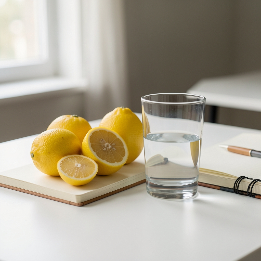 Quartiers de citron et verre d’eau sur une table blanche près d’un carnet de cuisine