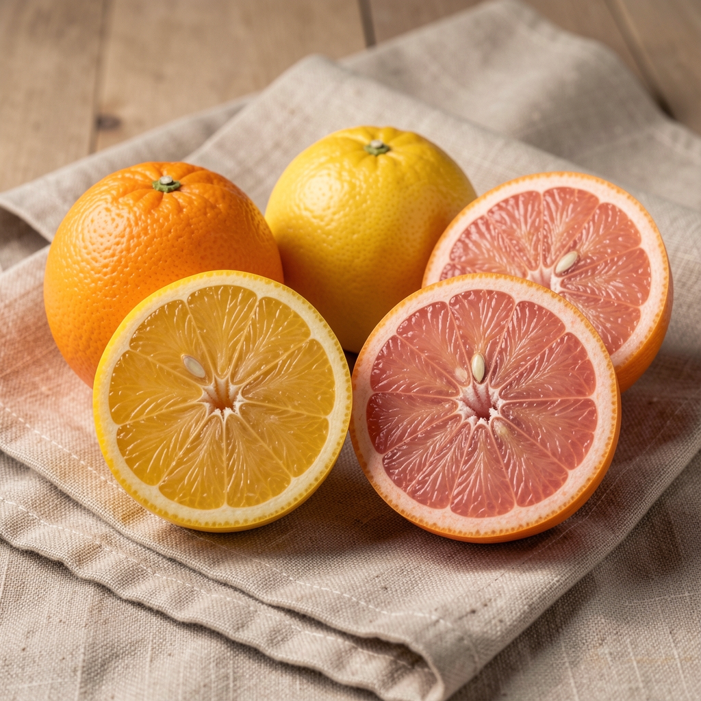 Oranges, citrons jaunes et pamplemousses roses coupés en deux sur un torchon en lin