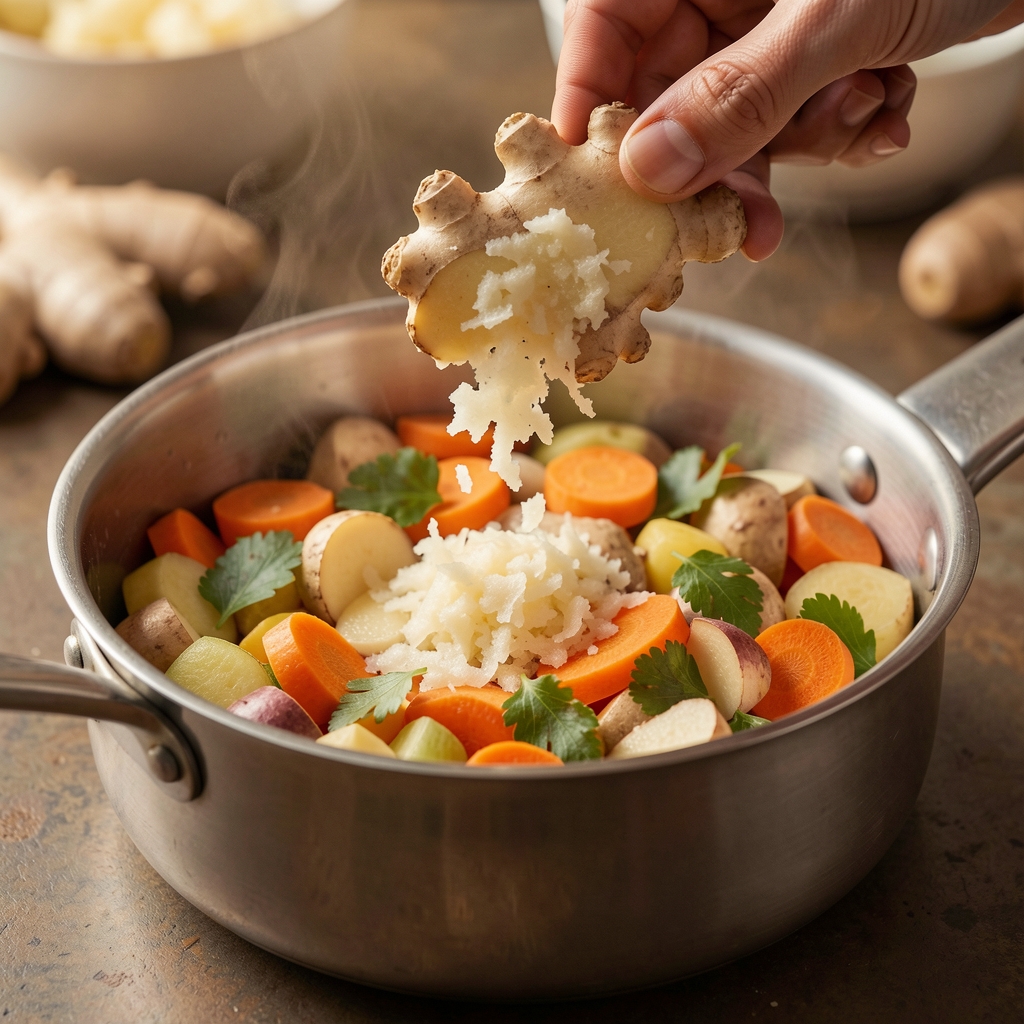 Racine de gingembre fraîche râpée au-dessus d’une casserole de légumes