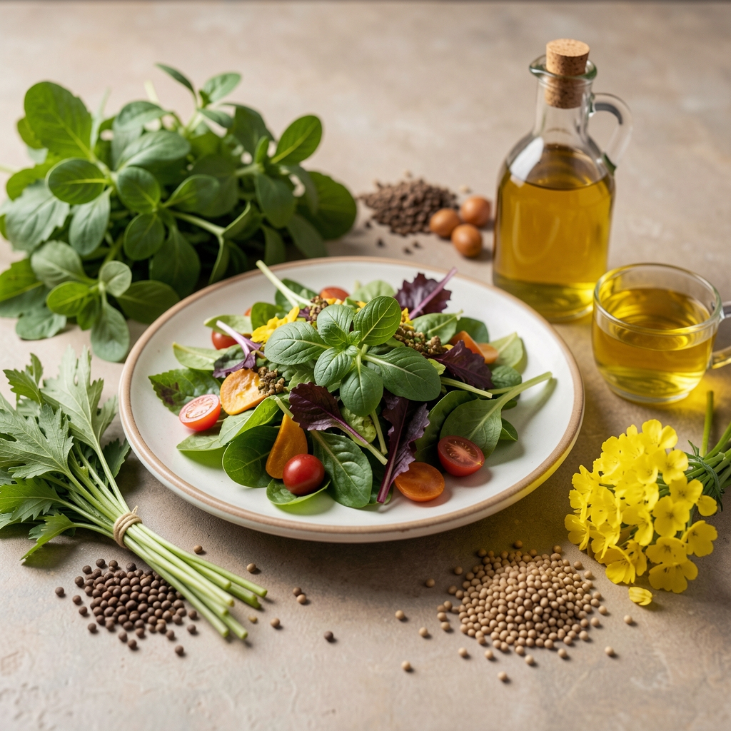 Herbes fraîches, graines et huile de colza disposées autour d’une assiette végétale