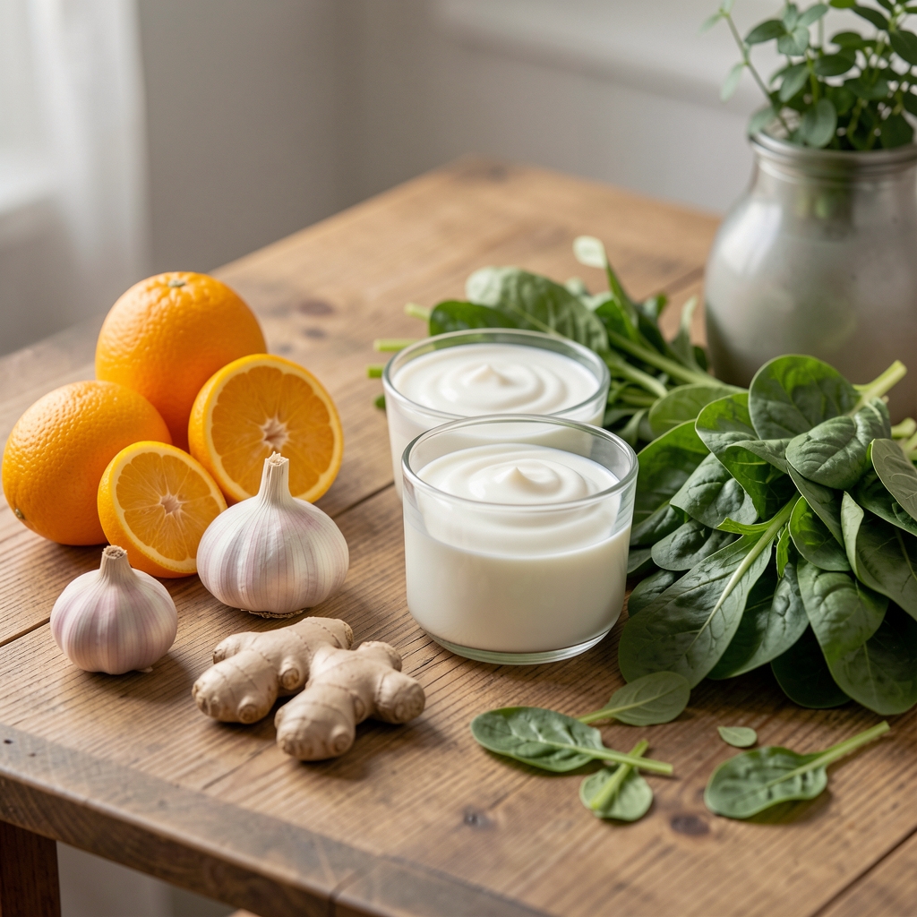 Table lumineuse avec agrumes, ail, gingembre, yaourt nature et légumes verts pour illustrer une alimentation favorable aux défenses naturelles