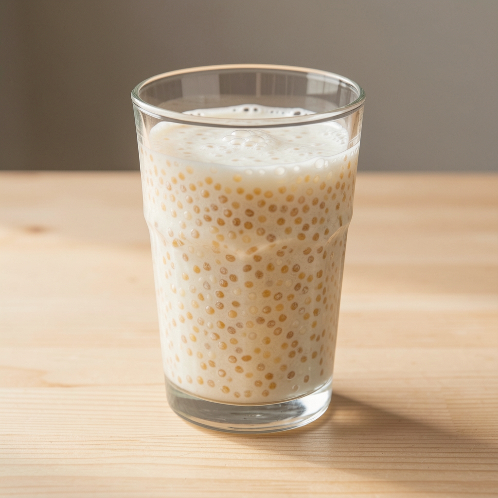 Verre de kéfir pétillant avec des grains de kéfir visibles posé sur une table en bois clair