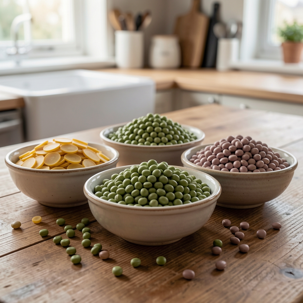 Assortiment de lentilles, pois chiches et haricots secs dans des bols en céramique sur une table de cuisine