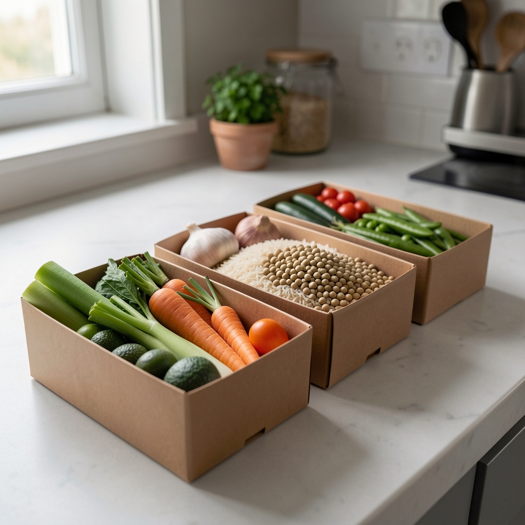 Boîtes de préparation avec légumes, riz complet et pois chiches alignées sur un plan de travail