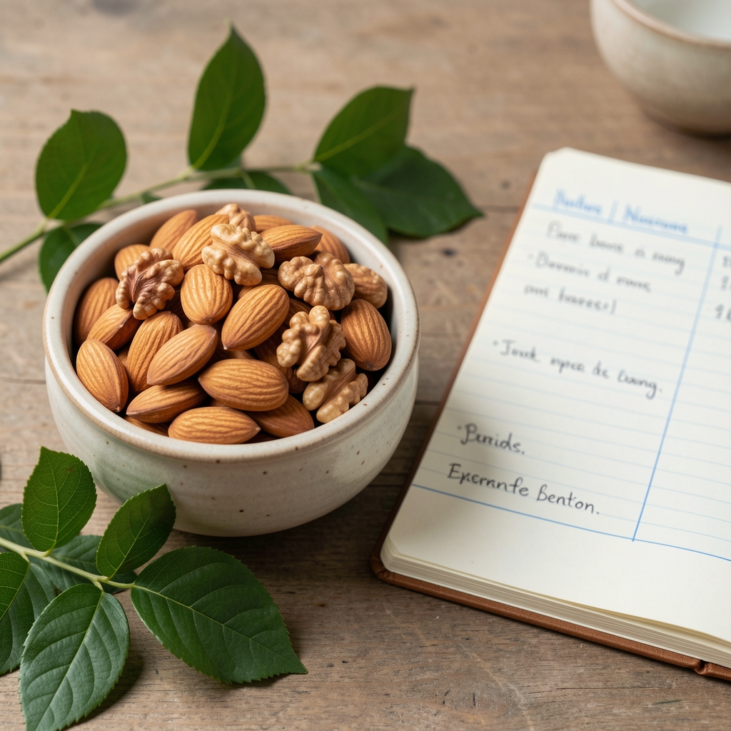 Bol en céramique rempli d’amandes et de noix à côté de feuilles vertes et d’un carnet de notes nutritionnelles