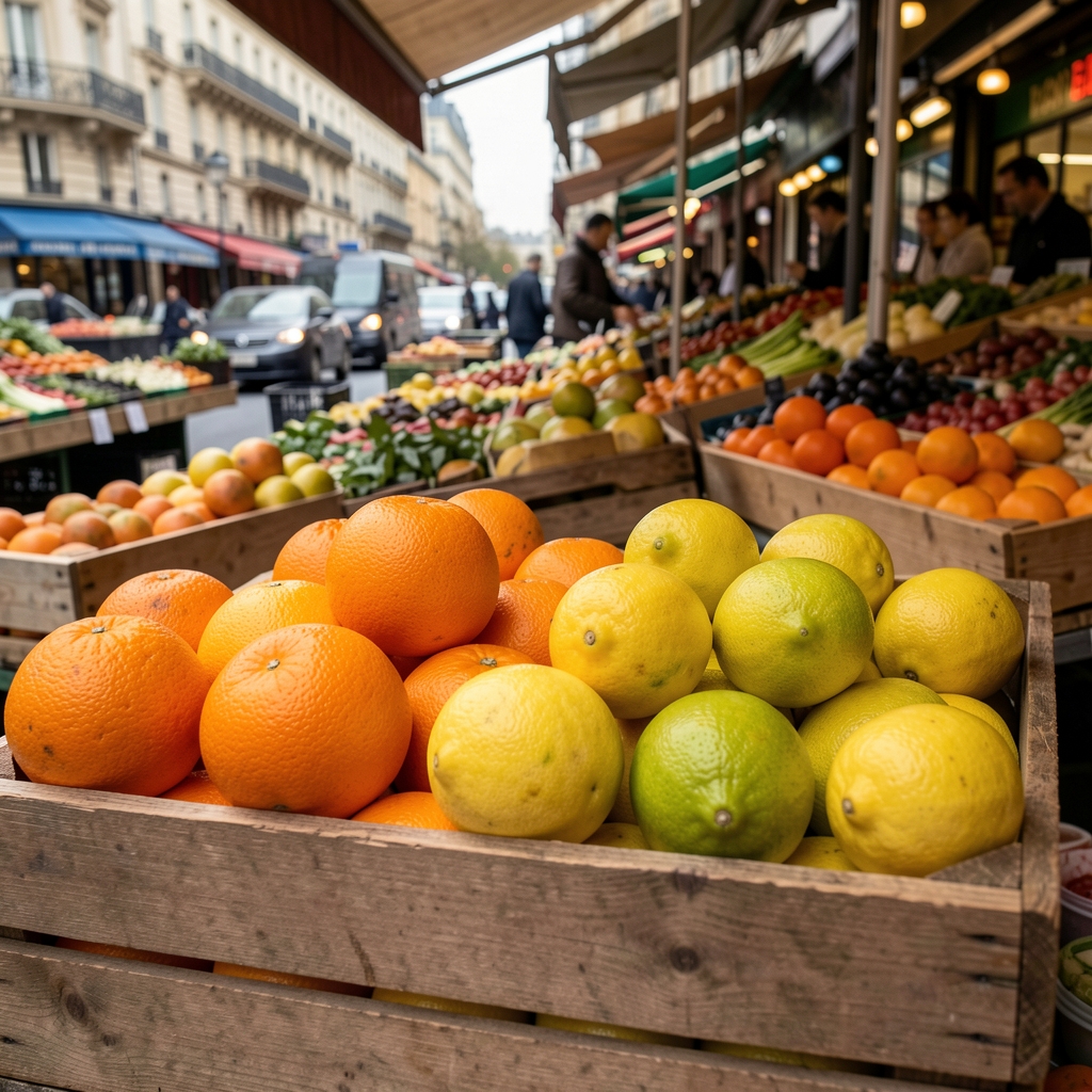 Oranges et citrons frais dans une cagette de marché parisien