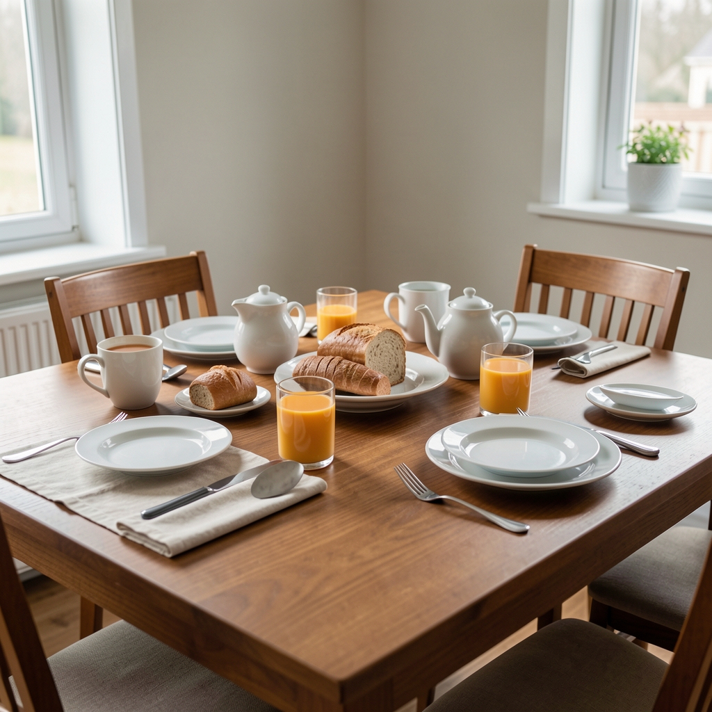 Table de petit-déjeuner près d'une fenêtre lumineuse avec fruits et céréales complètes