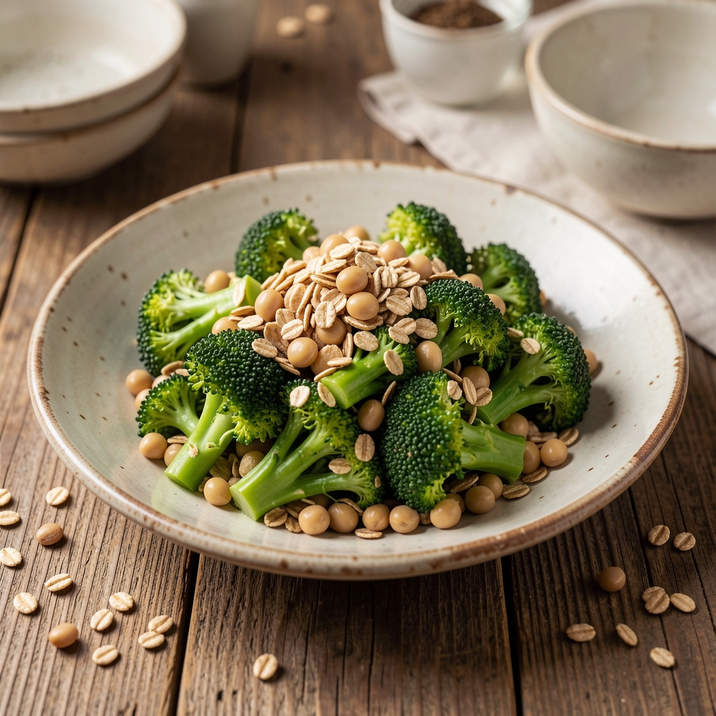 Poêlée de brocoli, pois chiches et céréales complètes dans une assiette rustique