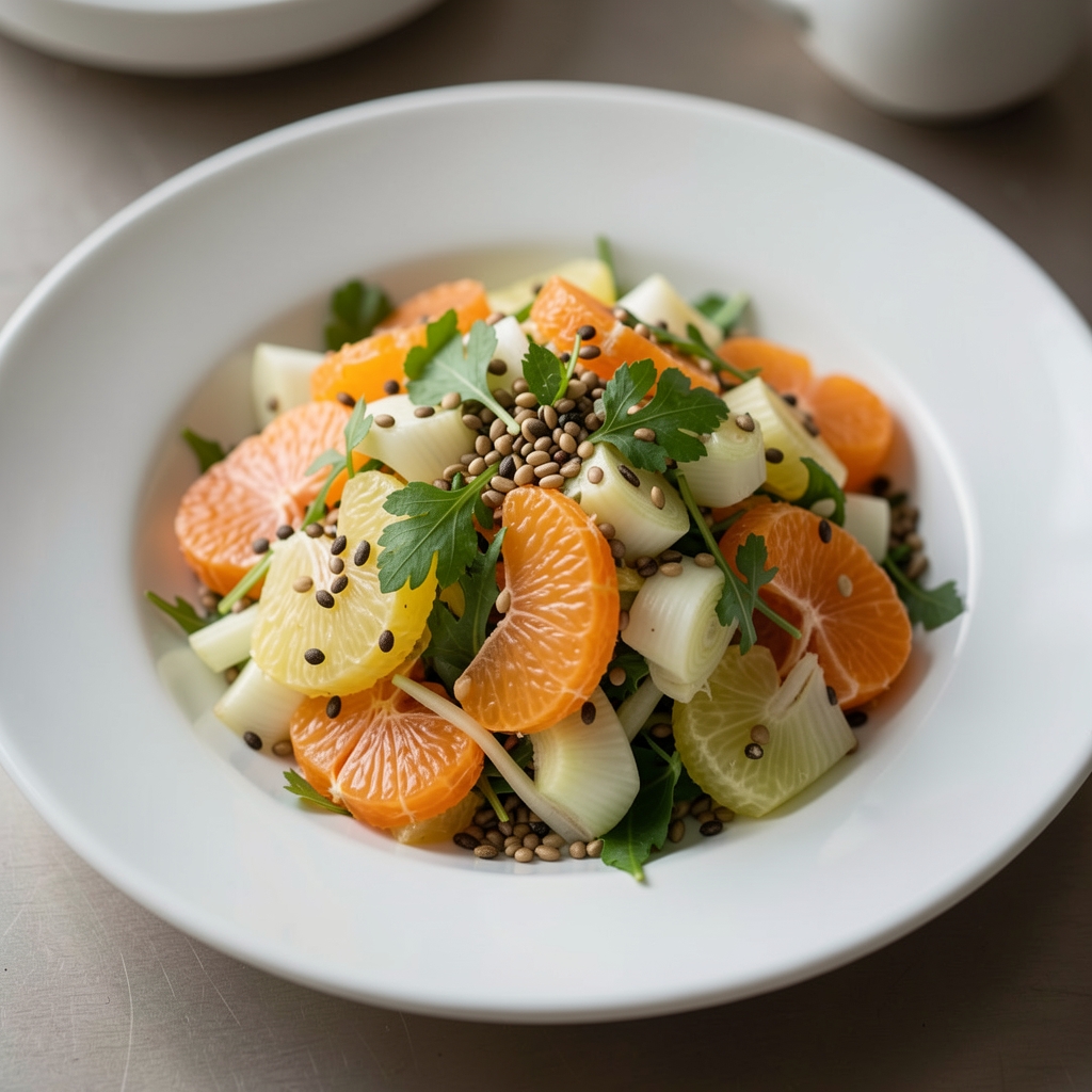 Salade fraîche d’agrumes, fenouil, herbes et graines dans une assiette blanche