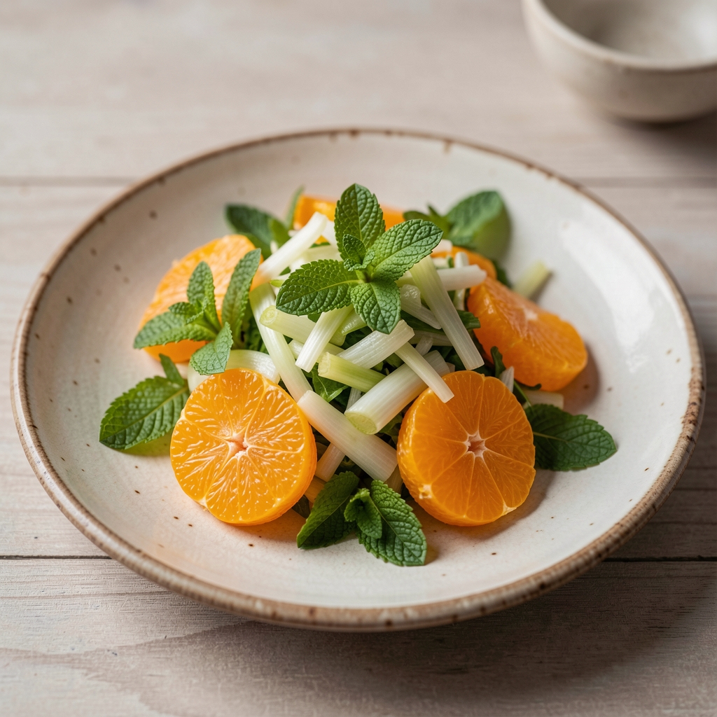 Salade d’orange, fenouil et menthe fraîche présentée dans une assiette artisanale