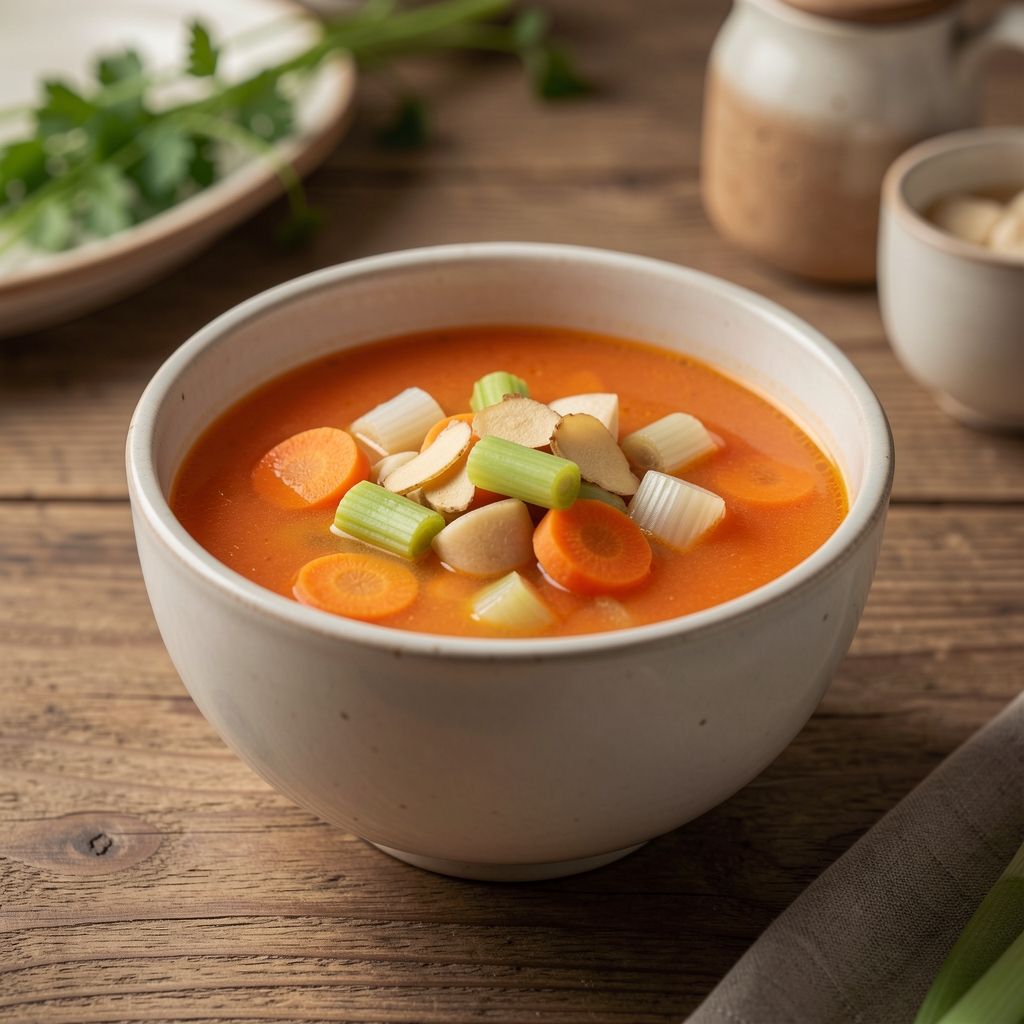 Soupe maison de carottes, poireaux et gingembre servie dans un bol en céramique