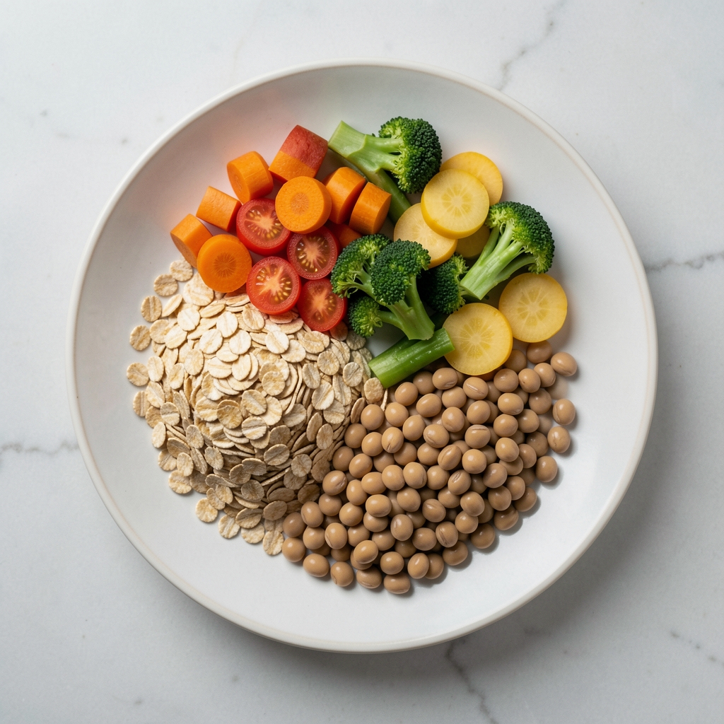 Assiette équilibrée avec céréales complètes, légumes colorés et une portion de légumineuses vue de dessus