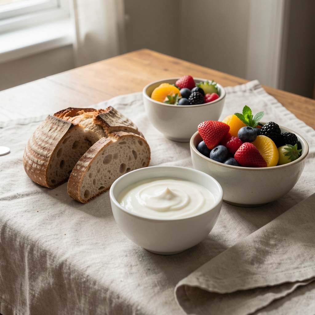 Table de petit-déjeuner avec yaourt nature, pain au levain et bol de fruits frais sur nappe en lin