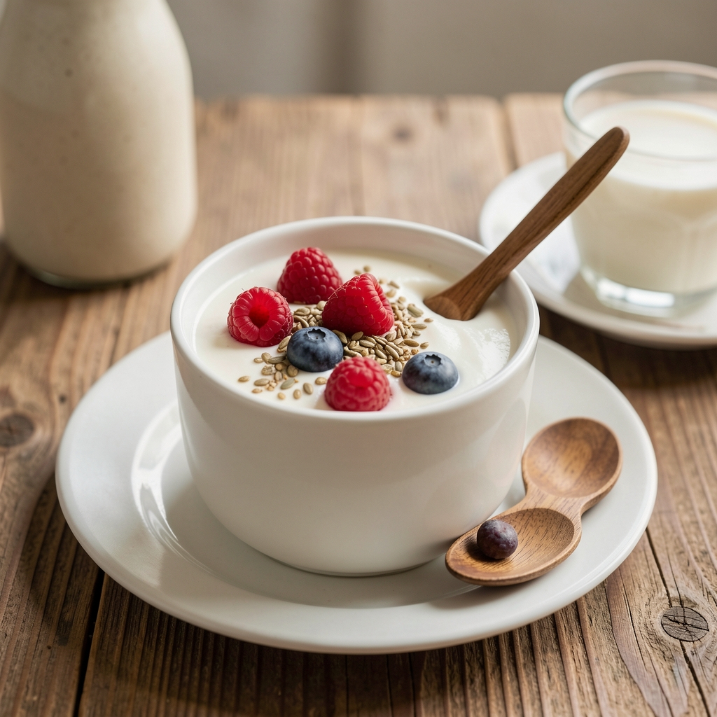 Bol de yaourt nature avec fruits rouges, graines et cuillère en bois sur une table de petit déjeuner